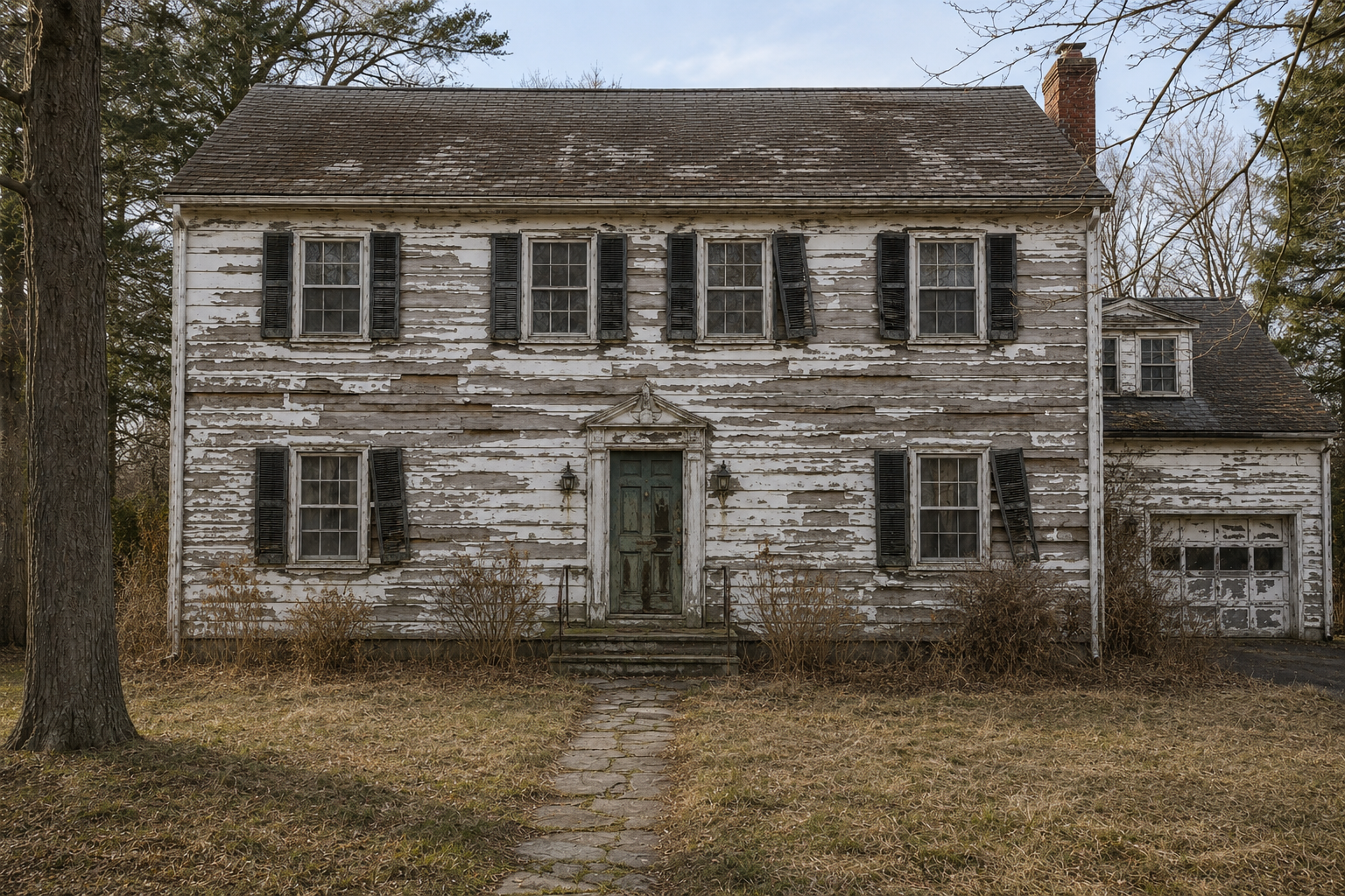 Simulated neglected condition: colonial home with extensively peeling siding, damaged shutters, stained finishes, and a worn entrance